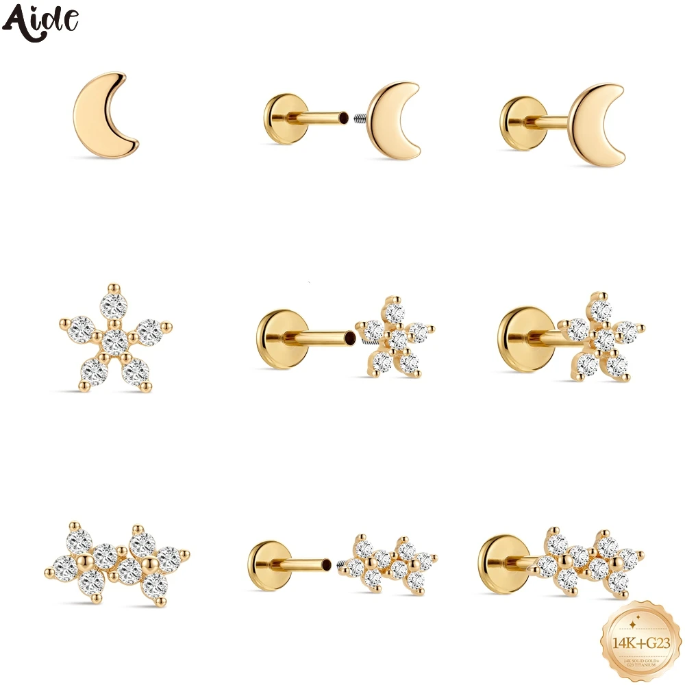Aide 14K Solid Gold Dainty Flower Zrcon Dangle Labret Piercing Earring Elegant Helix Studs Valentine Anniversary Gift for Women