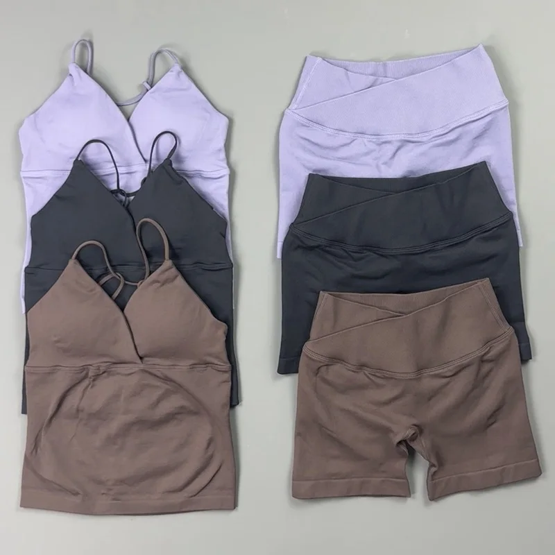 2 Pieces Gym Set Women Wrap V Neck Thin Strap Workout Tank Cross Waist Biker Shorts Seamless High Stretch Outfit Yoga Activewear