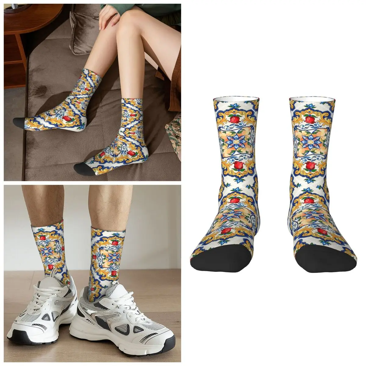 

Сицилийские носки Majolica с разноцветными цветочными цветами и плитковым узором, чулки высокого качества в стиле Харадзюку, всесезонные длинные носки