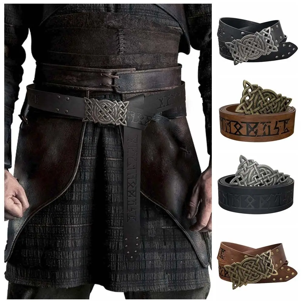 Embossed Viking Renaissance Buckle Belt Printing PU Celtic Belt Knight Leather Medieval Waistband Cosplay Costume Accessories