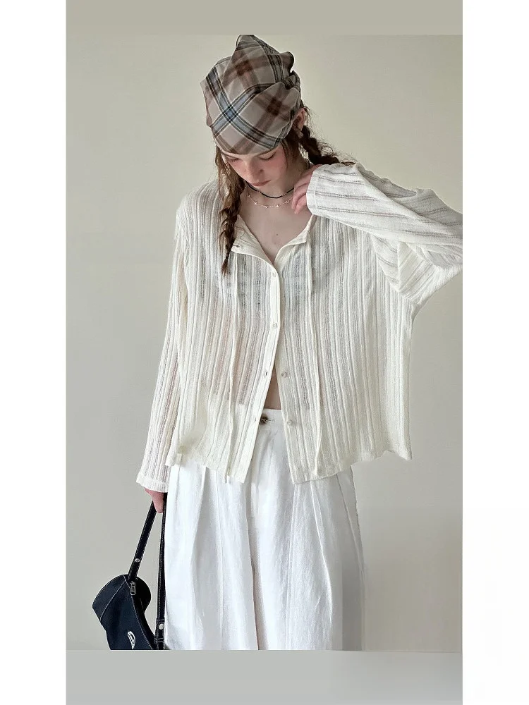 

Handmade Feel Knitted Summer Open Cardigan Women's Loose Hollow out Long Sve Polyester Fiber round Ne Coat Le Brand