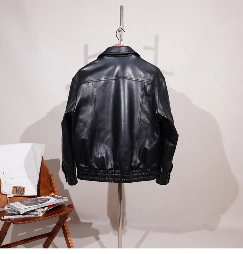 Tailor Brando Classic Oversize Full Grain Sheepskin Men's Lapel Collar Genuine Leather Jacket