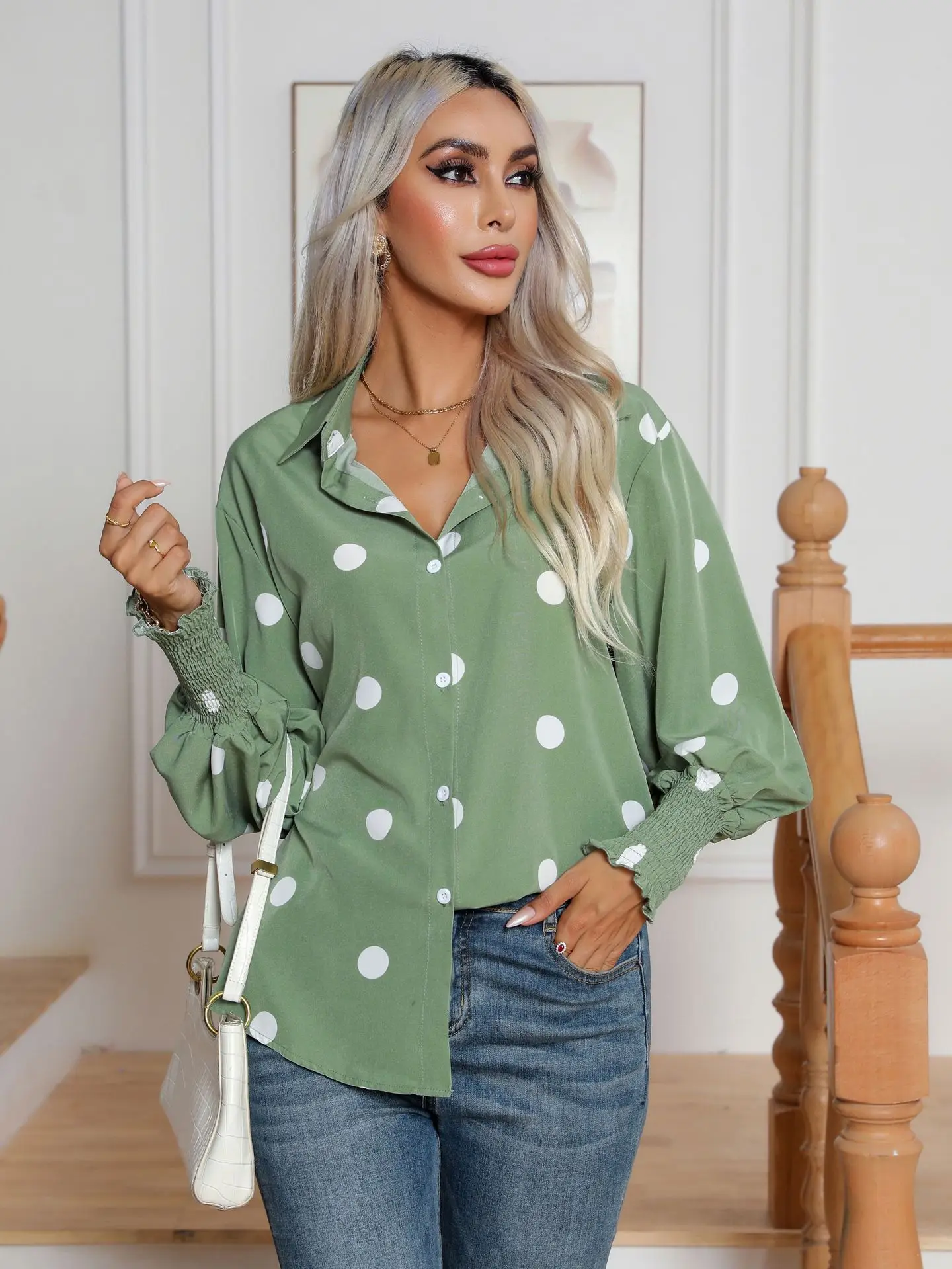 Green Shirt Women Vintage Polka Dot Print Blouse Female Spring Lantern Sleeve Tops Ladies Elegant Casual Single Breasted Blusas