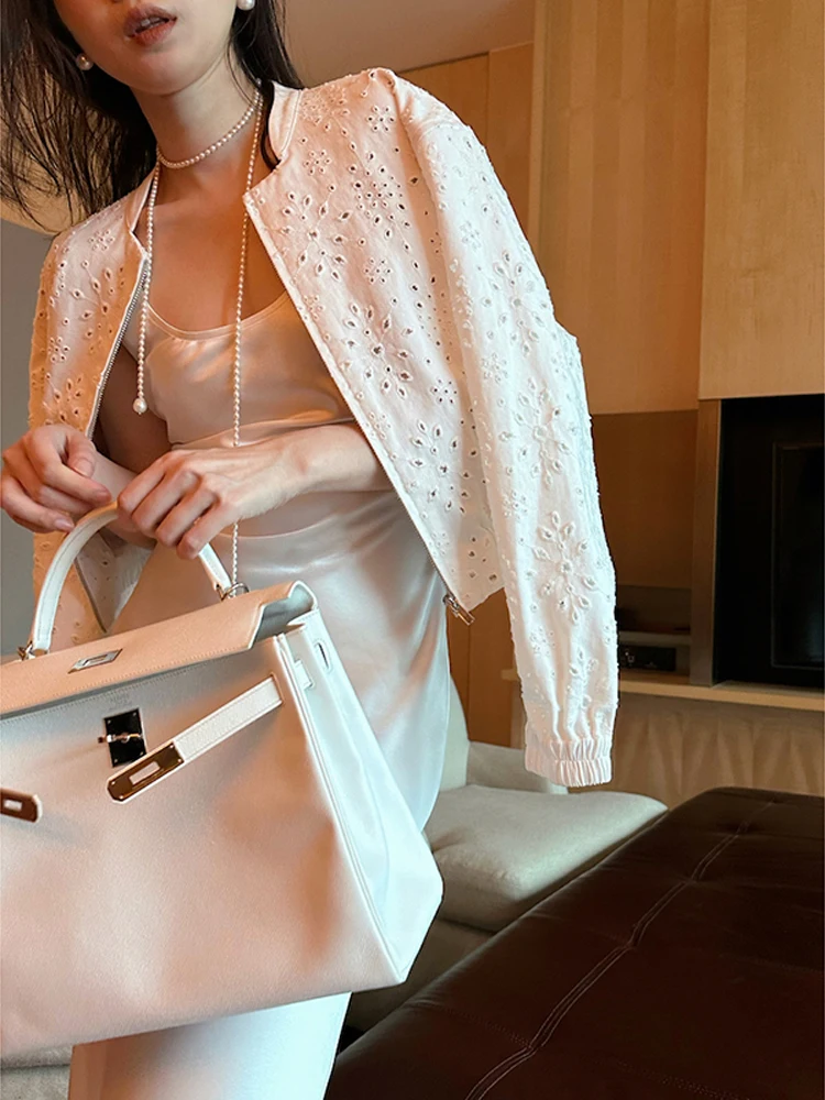 

Ele Athflow Madiera Embroidered Waed Cotton Pilot Jaet ort Outerwear Women's Loose Fit Long Sve round Ne Zipper