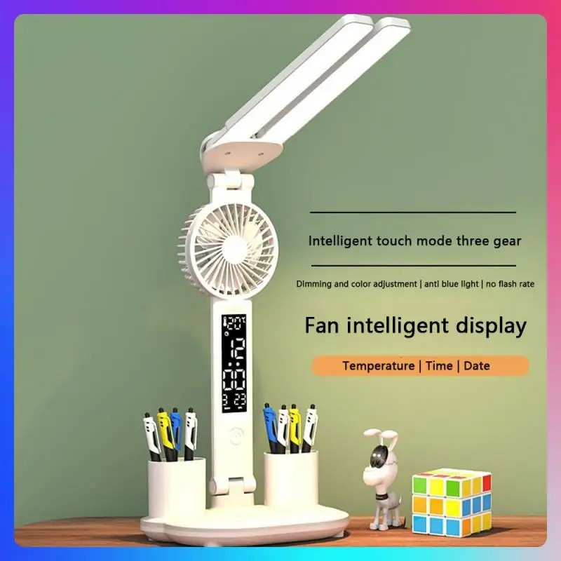 Rechargeable Table Lamp For Study, Desk Lamp Reading Light Led Table Light With Fan, Led Clock Dispaly Read Lamp Christmas Gift