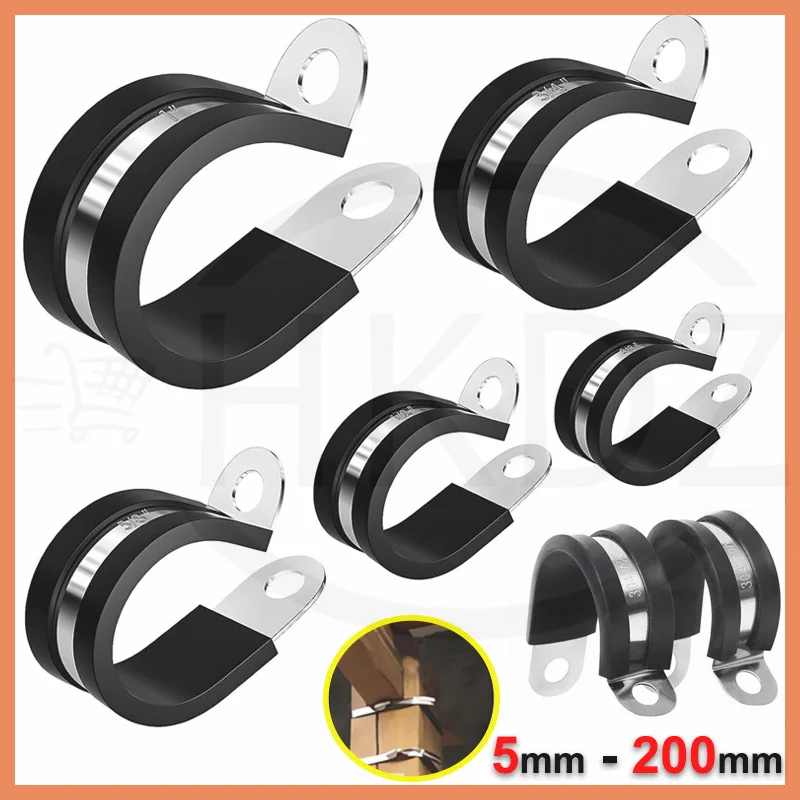 Rubber Lined P Clips Cable Mounting Hose Pipe Clamp Fixing Pipes Stainless Steel Hardware Fasteners 5 6 8 9 10 11 12mm -200mm
