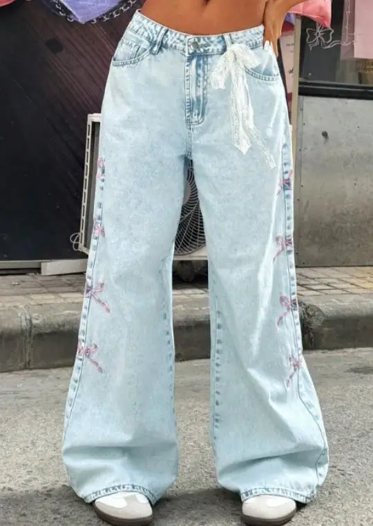 

Loose Women's Jeans for Spring and Summer New Fresh and Sweet Bow Print Girl Wide Leg Jeans Suitable for Daily Versatility
