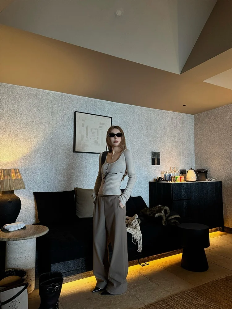 

High Waist Wide Leg Pants Women's Ele Slimming Matching Color Patchwork Leather Cotton Polyester Blend Commute Suit Pants