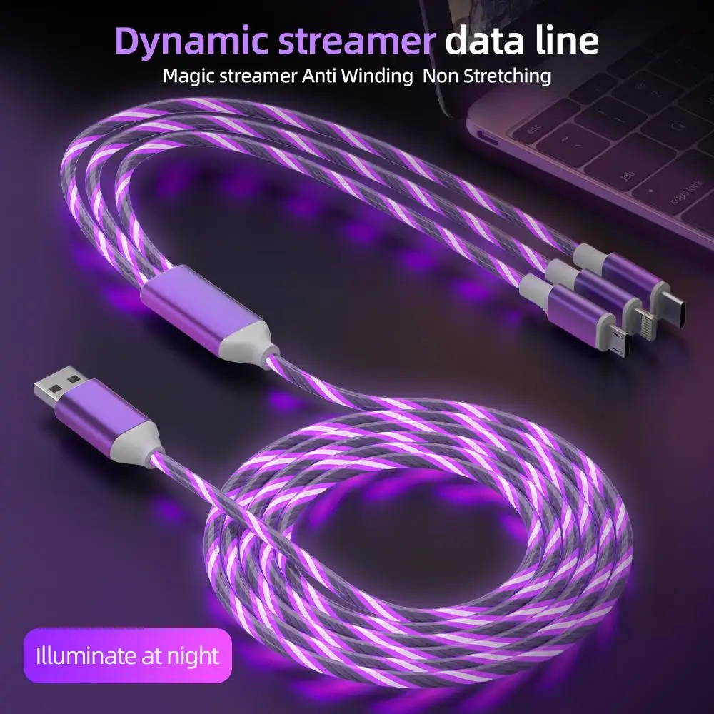 كابل شحن الهاتف 3 في 1 متعدد USB متدفق LED، مع واجهة لموصل شاحن USB Apple + Type C + Micro