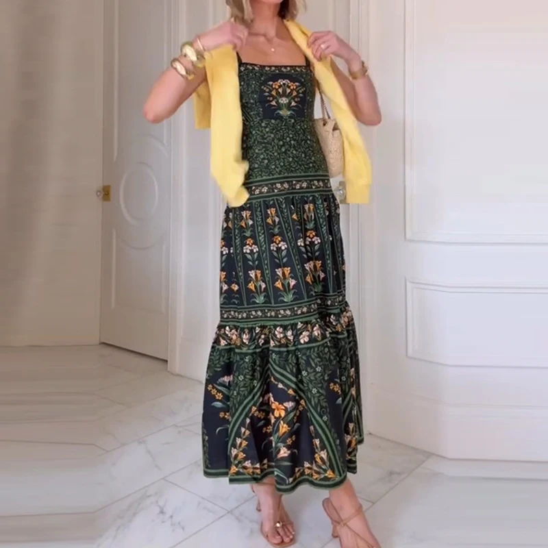 Długa sukienka damska w kwiaty na wiosnę i lato, seksowna sukienka na ramiączkach z dekoltem typu hiszpanka i odkrytymi plecami, nowa luźna sukienka boho bez rękawów.