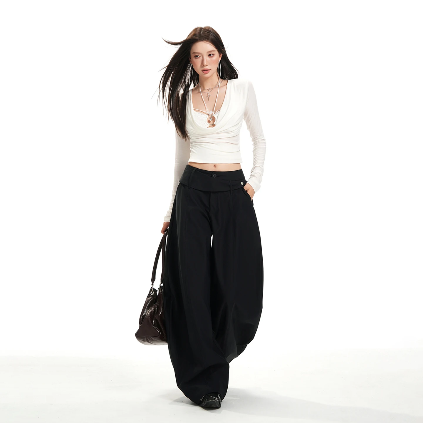 Modern Women's Pleated Wide Leg Pants Plus Size Casual Slant Pocket Draped Long Suit Trousers Work Office Lady Bottoms