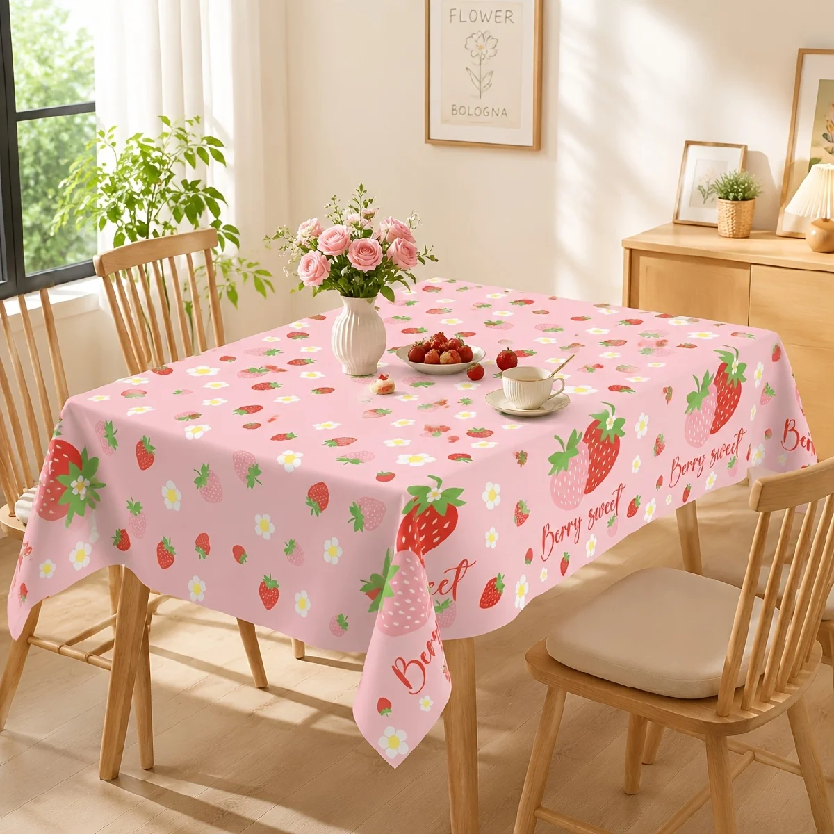 1pc, Sweet Strawberry Tablecloth, 86.61 X 51.18inch, Pink Strawberry Disposable PE Tablecloth, Wedding Bridal Shower Party Decor