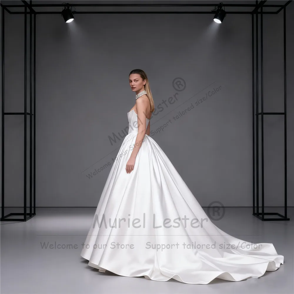 تخصيص فستان الزفاف الساتان الحبيب الرقبة بلا أكمام مطوي تنورة ألف خط زي العرائس ملابس رسمية للحفلات رداء دي ماري