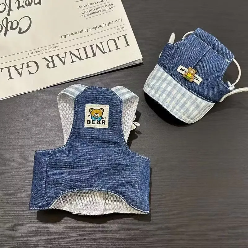 봄과 가을용 애완동물 가슴줄과 등줄, 강아지와 고양이 옷, 곰과 데님 스타일 가슴줄과 등줄, 귀여운 애완동물 짧은 스타일, 당길 수 있음