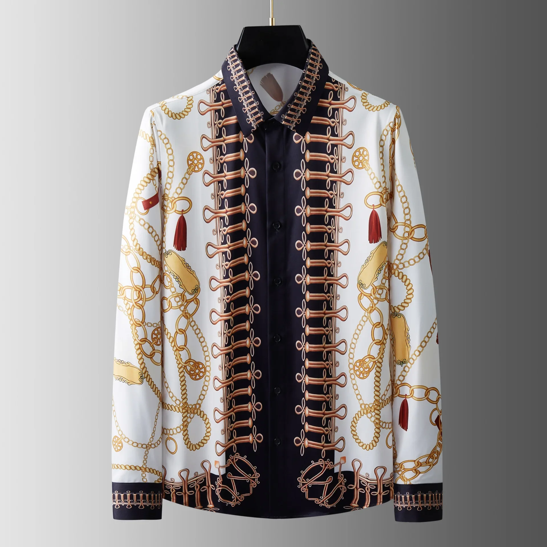 Hot selling new product in foreign trade, full body palace chain printed trendy men's long sleeved shirts