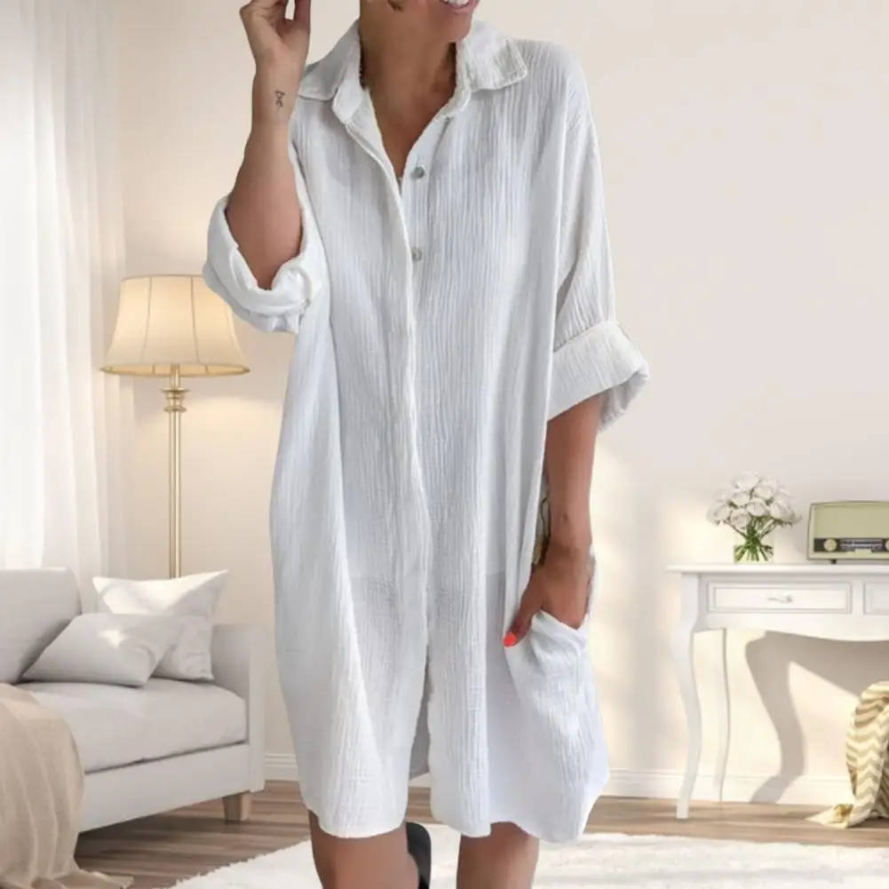 

Длинное платье-рубашка из хлопка и льна для женщин, Повседневное платье-Кардиган с длинным рукавом, женское однобортное платье