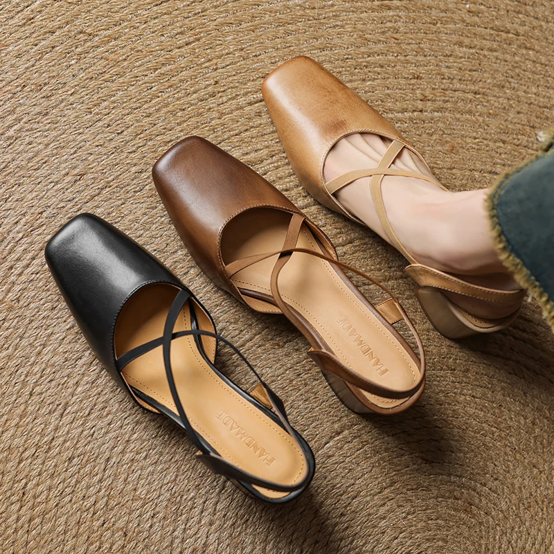 2026 new summer women sandals natural leather 22-25cm cowhide+pigskin square toe cross-strap thick heel women shoes fashion