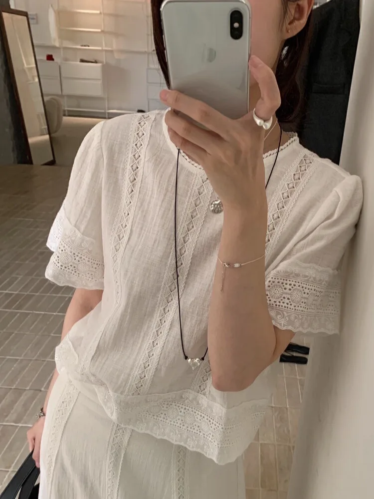 

Korean Sle Faion Set Women Summer Lace Splicing Top High Waist Slimming Personali Skirt White Two Piece Set