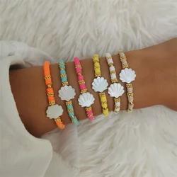 CCGOOD Stackable Polymer Clay Heishi Bracelet for Women Natural Shell Scallop Shaped Bracelets Gift Boho Summer Beach Jewelry