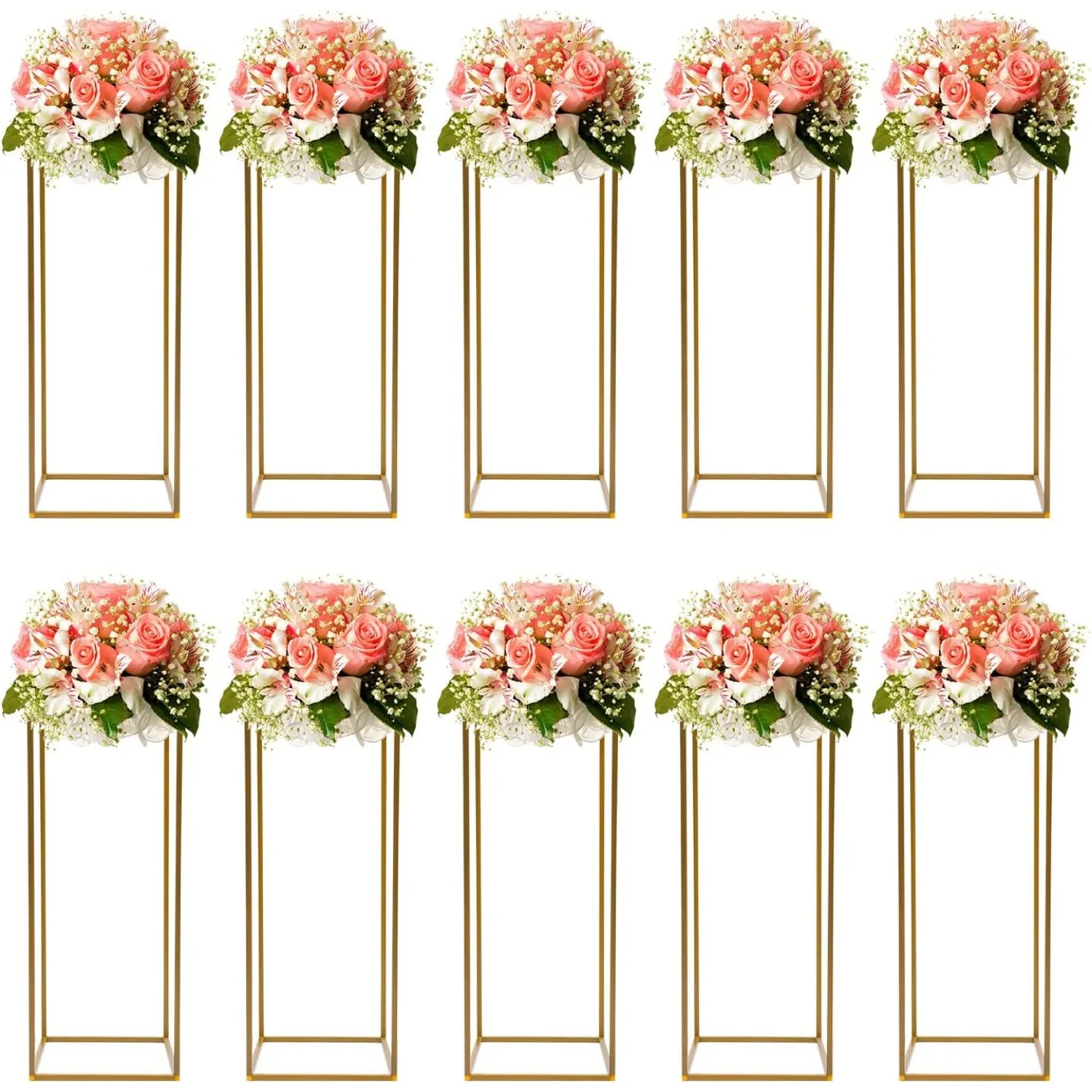 

31.5in/80cm Gold Metal Vase Stand - 10Pcs, Detachable, Rectangle/Round, Holds Water - for Wedding/Party Decor