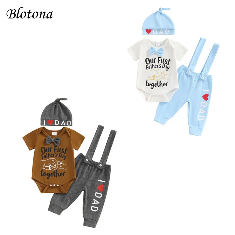 

Blotona Baby Boys Father Day Outfit Sets Short Sleeve Crew Neck Letter Print Romper Suspender Pants Hat Sets 0-18M