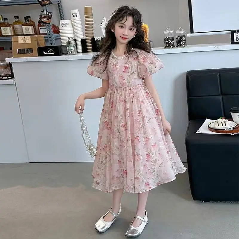 2025 Summer New Girls Dress Full Printing Flower Puff Sleeve Temperament Princess Dress For 5-14 Years Teen Girls Sweet Dress