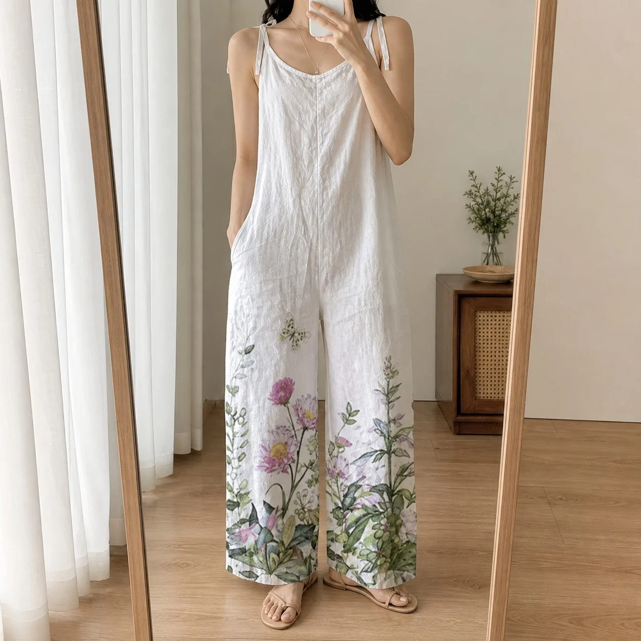 Printed Loose Fit Pants High Waist Full Length with Literary Retro Casual Art Print Medium Weight No Stretch Women Jumpsuit