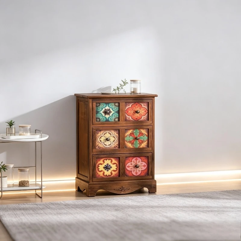 Ultra Slim Solid Wood Drawer Chest Mid Century Vintage Sideboard Narrow Gap Storage Unit Large Volume Multi Grid Durable Frame