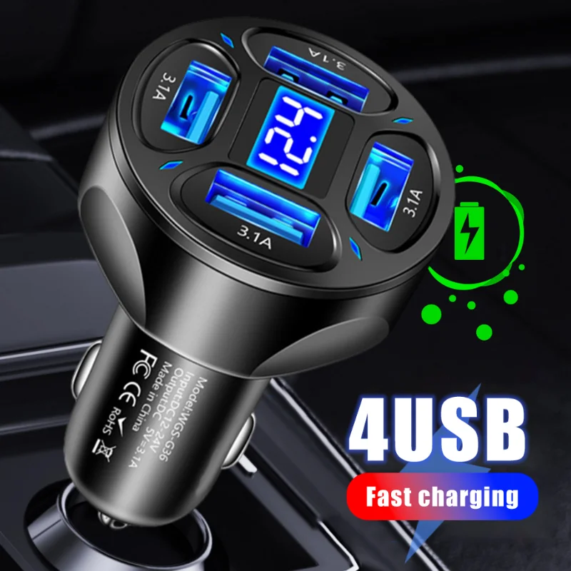 4 Ports USB Car Charger Fast Charging PD Quick Charge USB C Car Phone Charger Type C Adapter For iphone Samsung Huawei Xiaomi