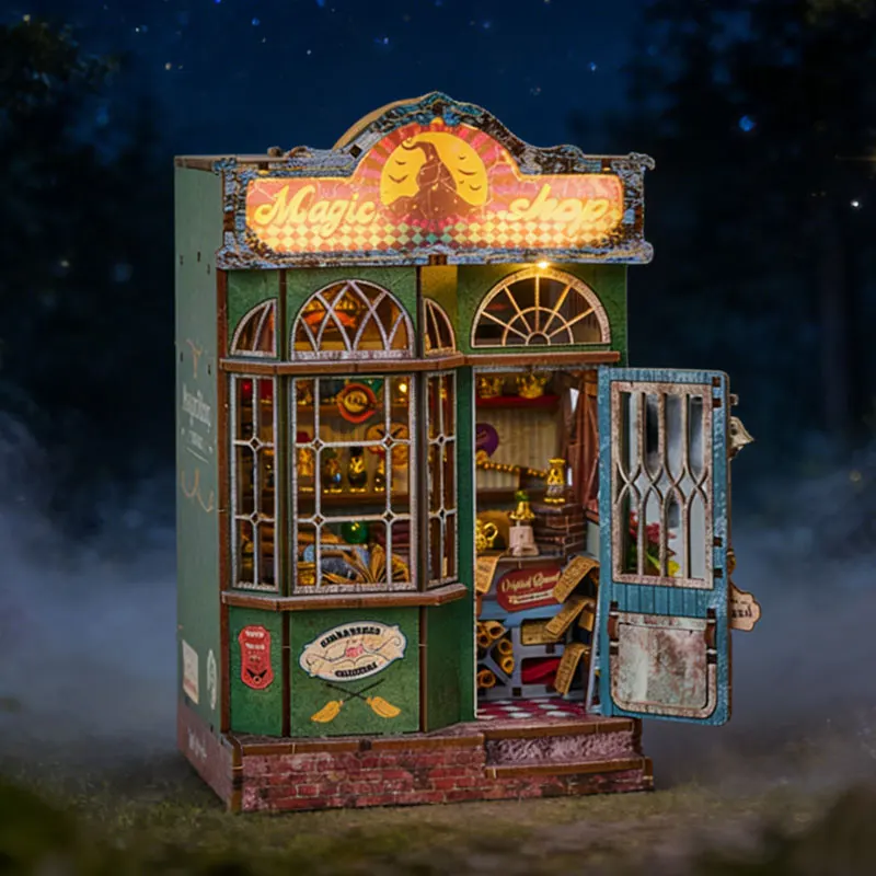 

DIY Magic Shop Book Nook Kit with LED Light 3D Wooden Puzzle Miniature House Bookcase Insert Decor Craft Gift for Adults Teens