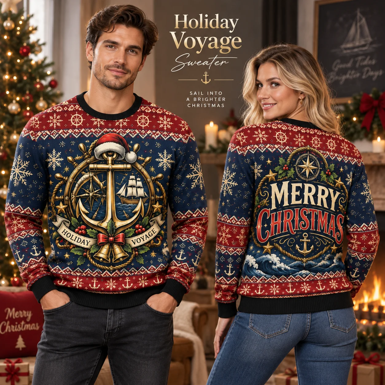 Holiday Voyage Ugly Christmas Sweater for Sailors, Nautical Christmas Sweaters with Anchor Ship Snowflake Party Design
