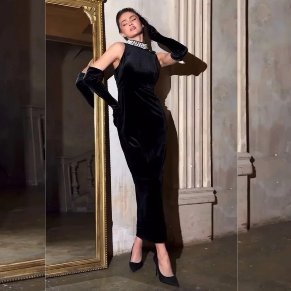 

Black Velvet Beaded Long Bespoke Occasion Gown Evening Dresses Prom Pastrol Unisex Jersey Retro Dubai Saudi Arabic Customized