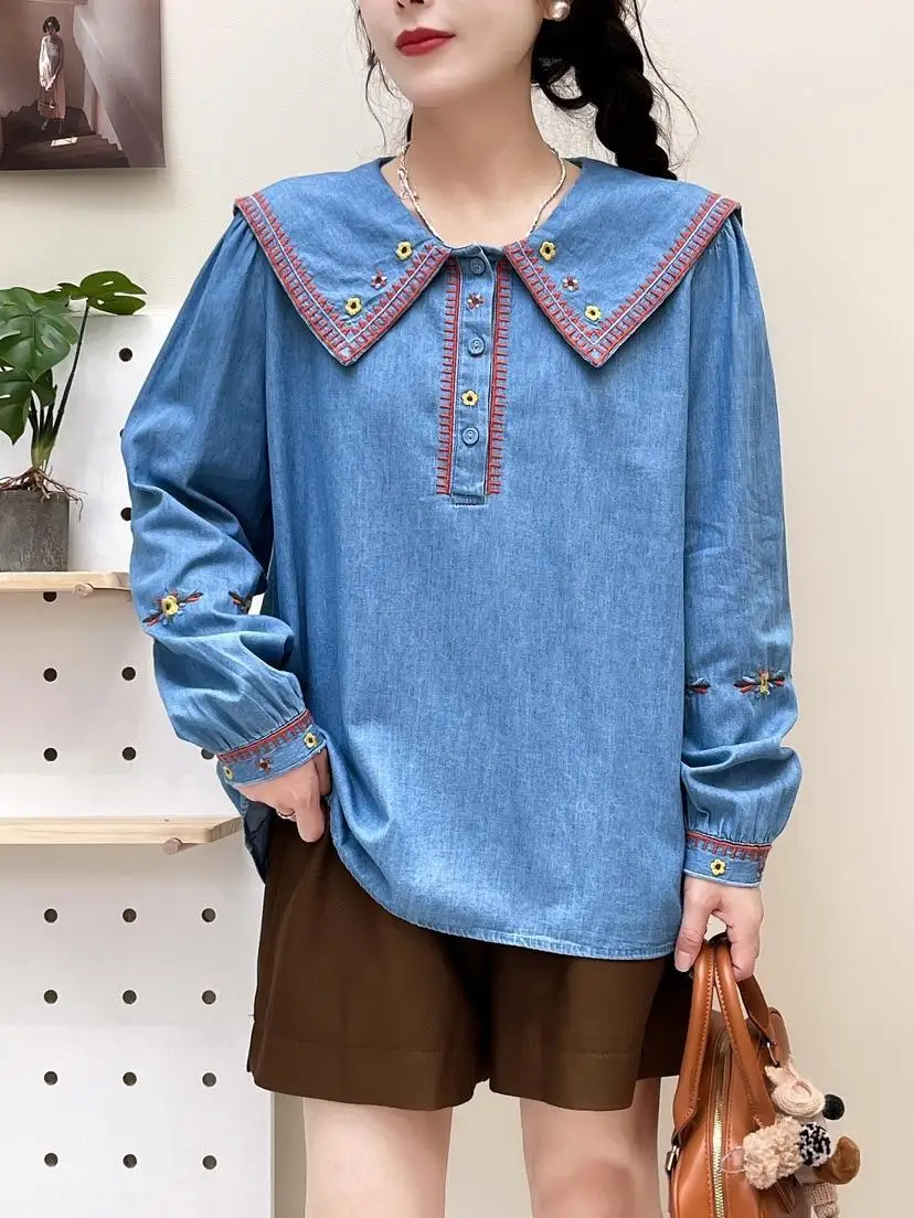 Mori kei clothing women\'s long sleeve shirt Japan style embroider denim shirts and blouses jean tops lolita y2k cute clothes