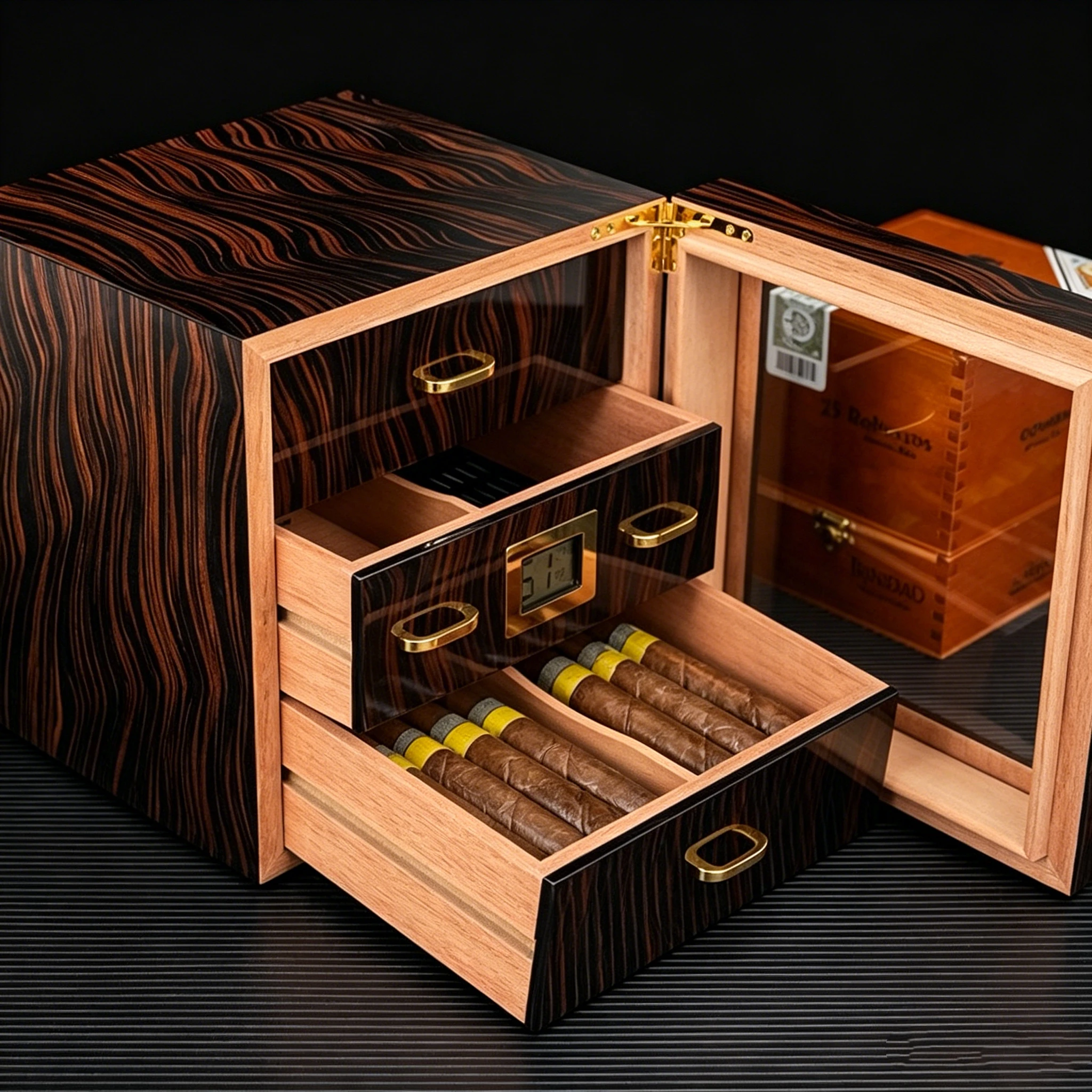 Small Cigar Cabinet With Three-Layer Perspective Windows, High Gloss Painted Cedar Wood, Large Capacity Moisturizing Cigar Box.