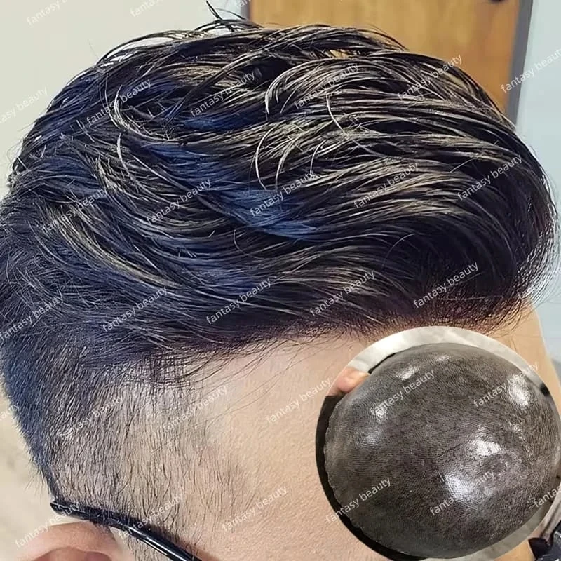 

Мужской парик-накладка из 100% европейских натуральных черных волос, 130% плотности, тонкий, 0,1 мм, из инжекционного полиуретана, с естественной линией роста волос