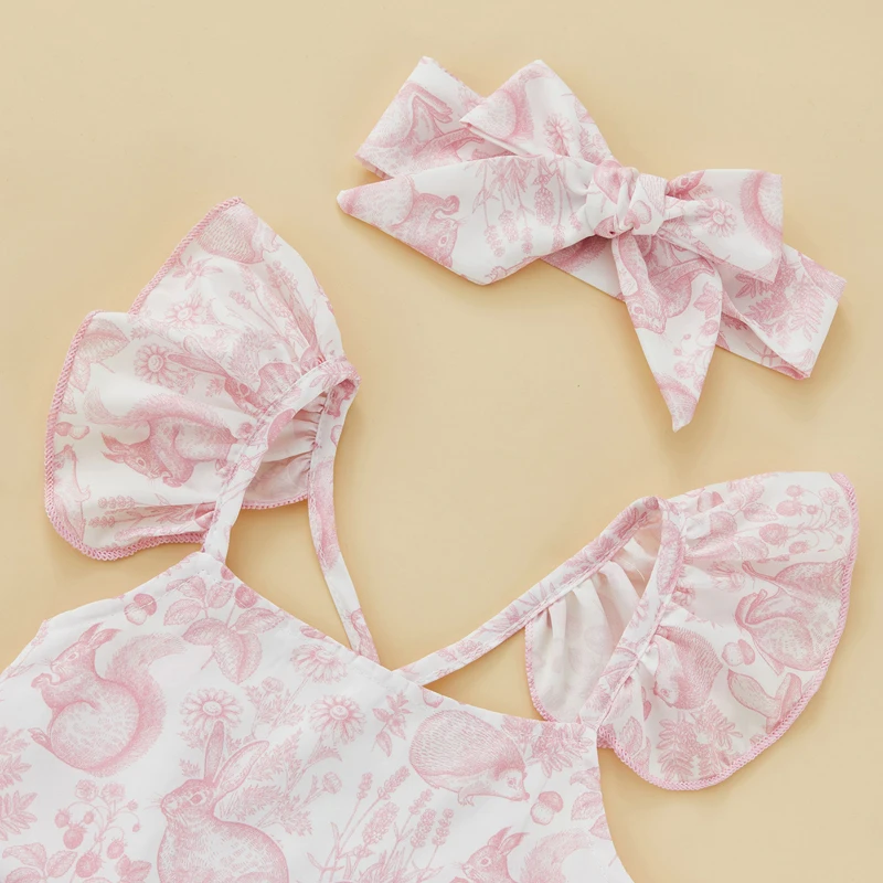 طفلة رومبير فتاة فستان الكرتون الأرنب طباعة تصميم أكمام كشكش هيم فستان لطيف بذلة #5