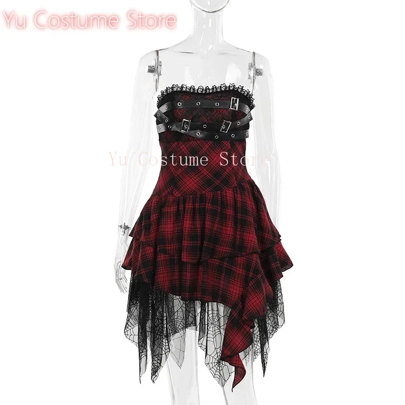 

Red Dress Street Goth Fairy Grunge Y2K Pleated Lace-up Tube Lolita Party wear Strap Corset Sexy Mini Dresses Yu Costume