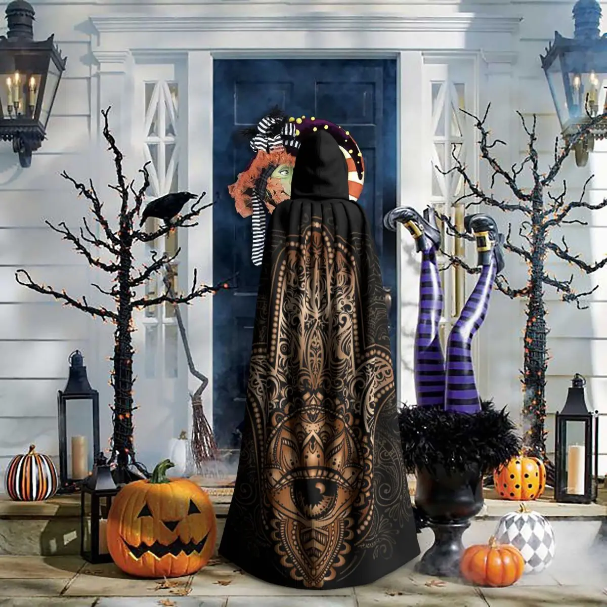 عباءة همسة صفراء طويلة بغطاء للرأس للساحرة في القرون الوسطى زي تنكري لحفلات الهالوين للبالغين من الجنسين