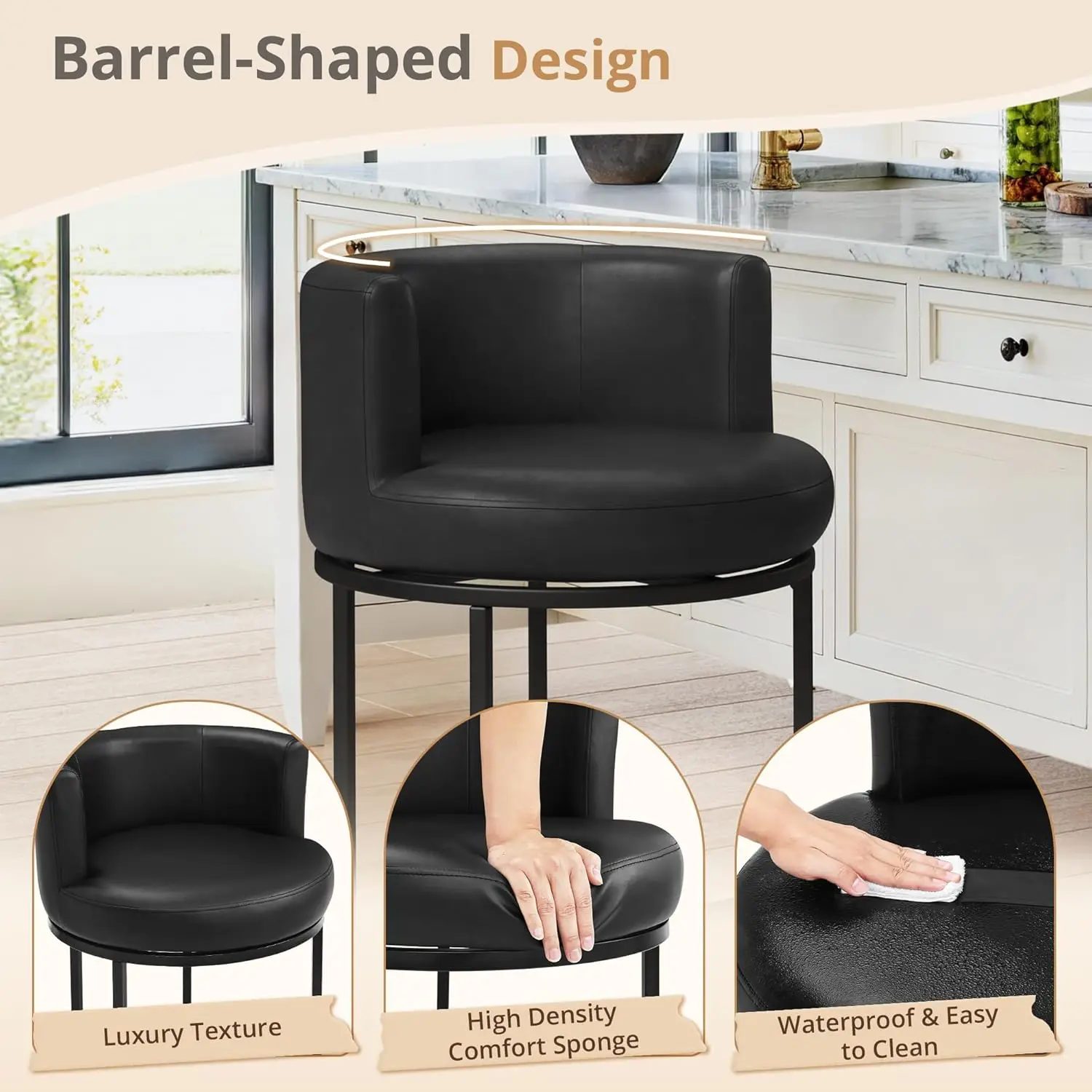 Juego de 4 Taburetes de Bar Giratorios de 26.8 Pulgadas de Altura, Respaldo en Forma de Barril, Cuero Sintético, Estructura Metálica, para Isla de Cocina, Color Negro, Personalizado