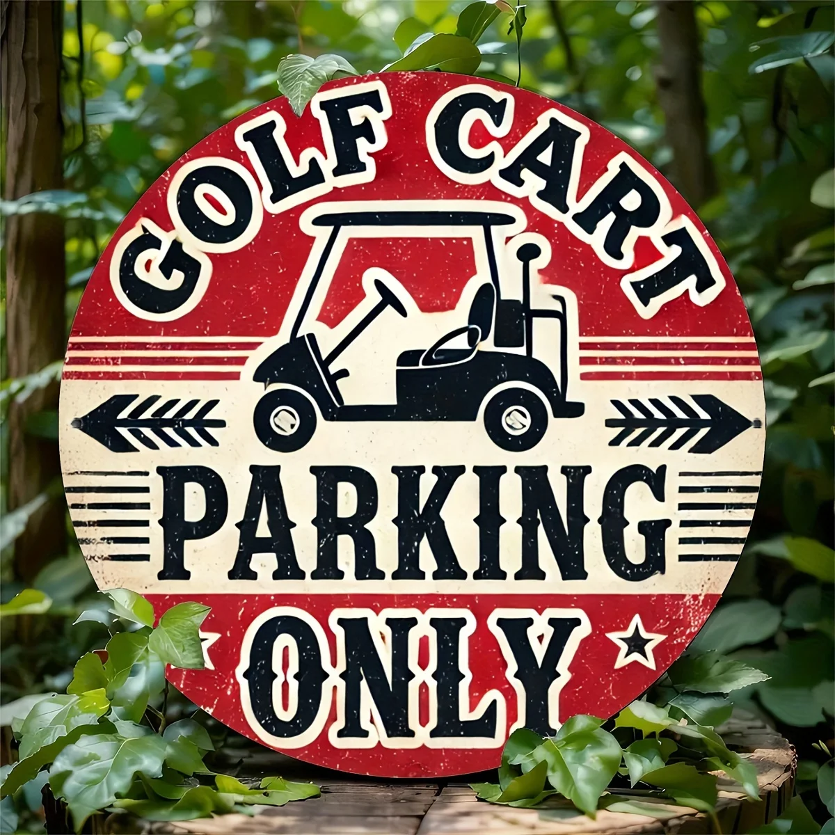 Vintage Golf Cart Parking Sign - 8x8 Inch Round Metal Trim Panel with Foil Engraved Design, Weather-Resistant & Pre-Perforated f