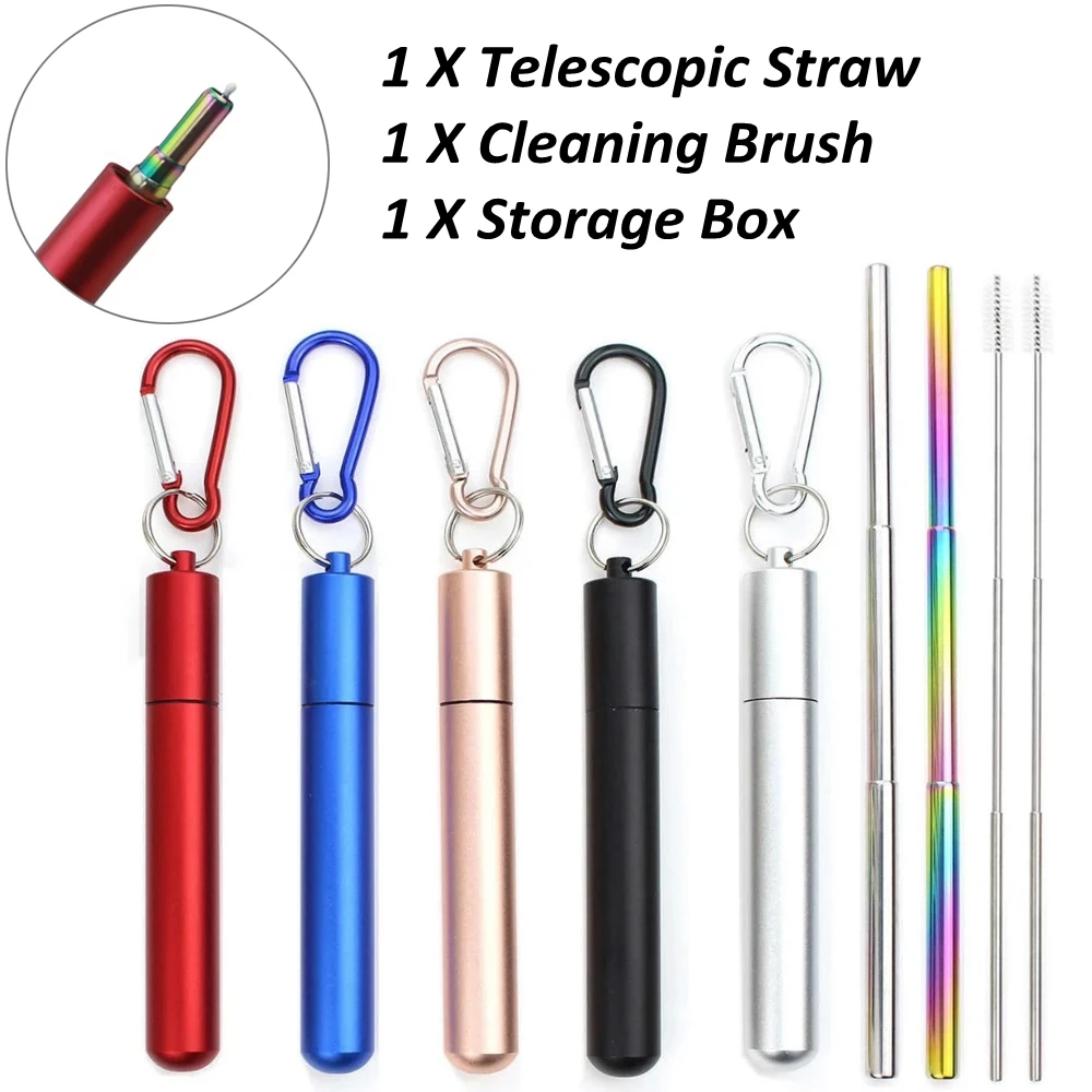 Reusable Stainless Steel Telescopic Straw Travel Portable Drinking Straw with Cleaning Brush & Case Collapsible Metal Straw Set