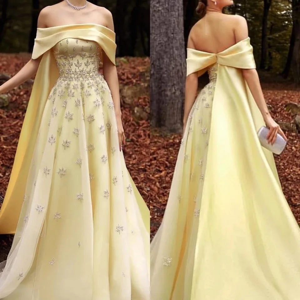 Bright Yellow Prom Dress Beading Crystal Dubai Elegant Evening Dresses Off The Shoulder A-Line Boat Neck Formal Party Wear Gown