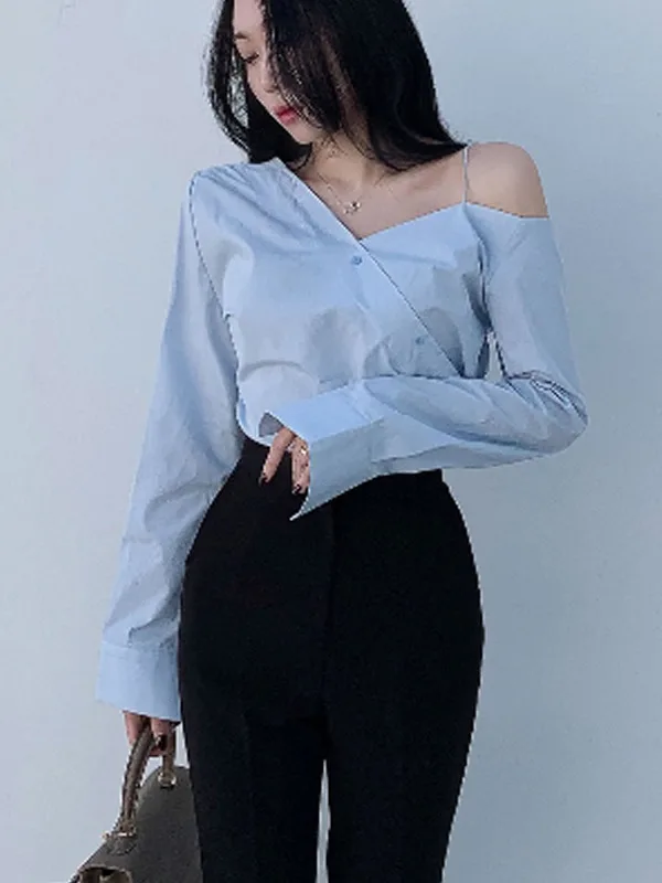 シックな非対称ルーズ V ネックセクシーなミニシャツ女性のストラップレスボタンアップトップ春のファッションカジュアル快適な衣服