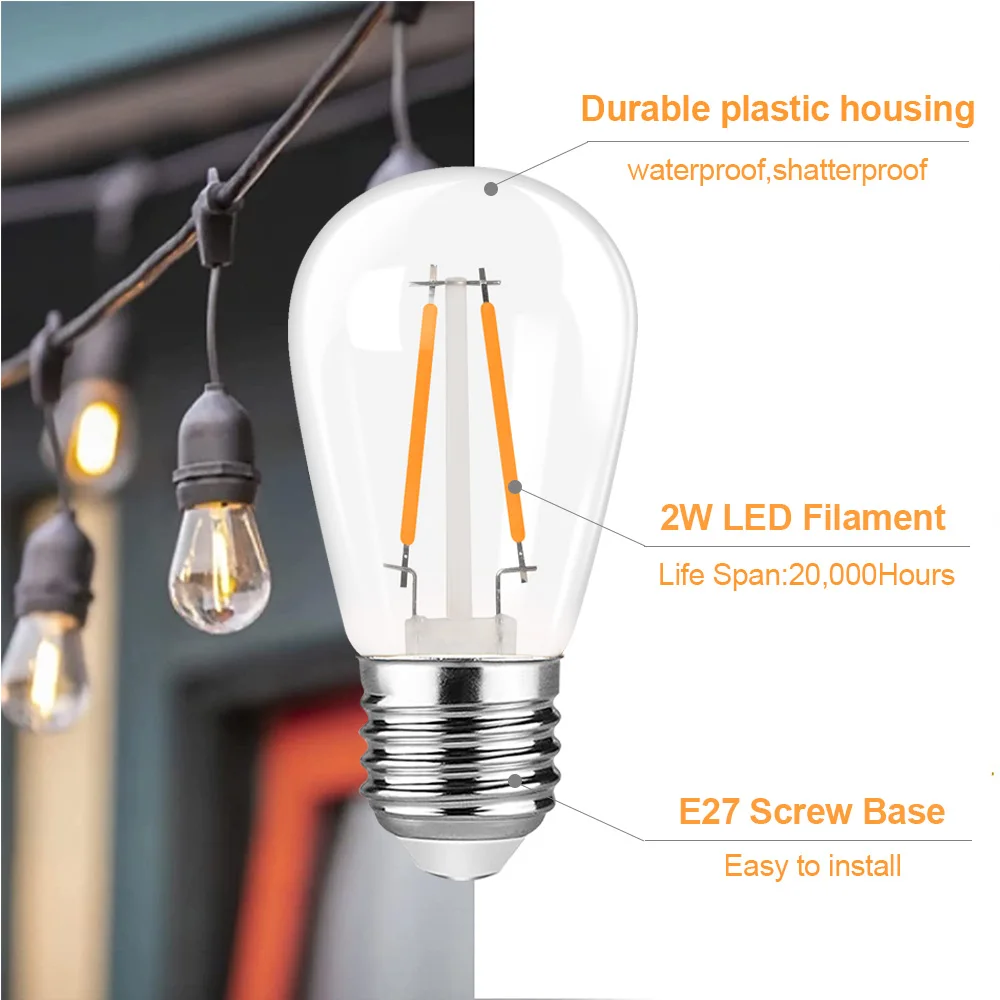 Genixgreen S14 2W String Light Bulb Warm White 2700K E27 Dimmable Waterproof Plastic Led Filament Vintage ST45 Replacement Bulbs