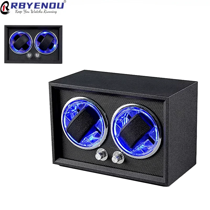 All Black Frosted Skin Ice Blue LED Watch Winders 2 Slots Customizable Name Logo Gift  Watchwinder Box Watches Winding Organizer