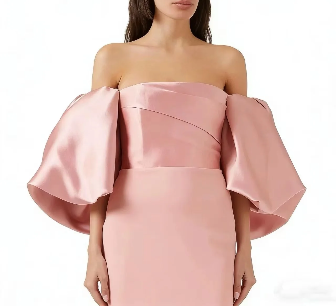 Satin Pink Strapless Puffy Short Sleeves Sheath Evening Dresses Ankle Length Split Prom Dresses Customized vestidos de fiestah