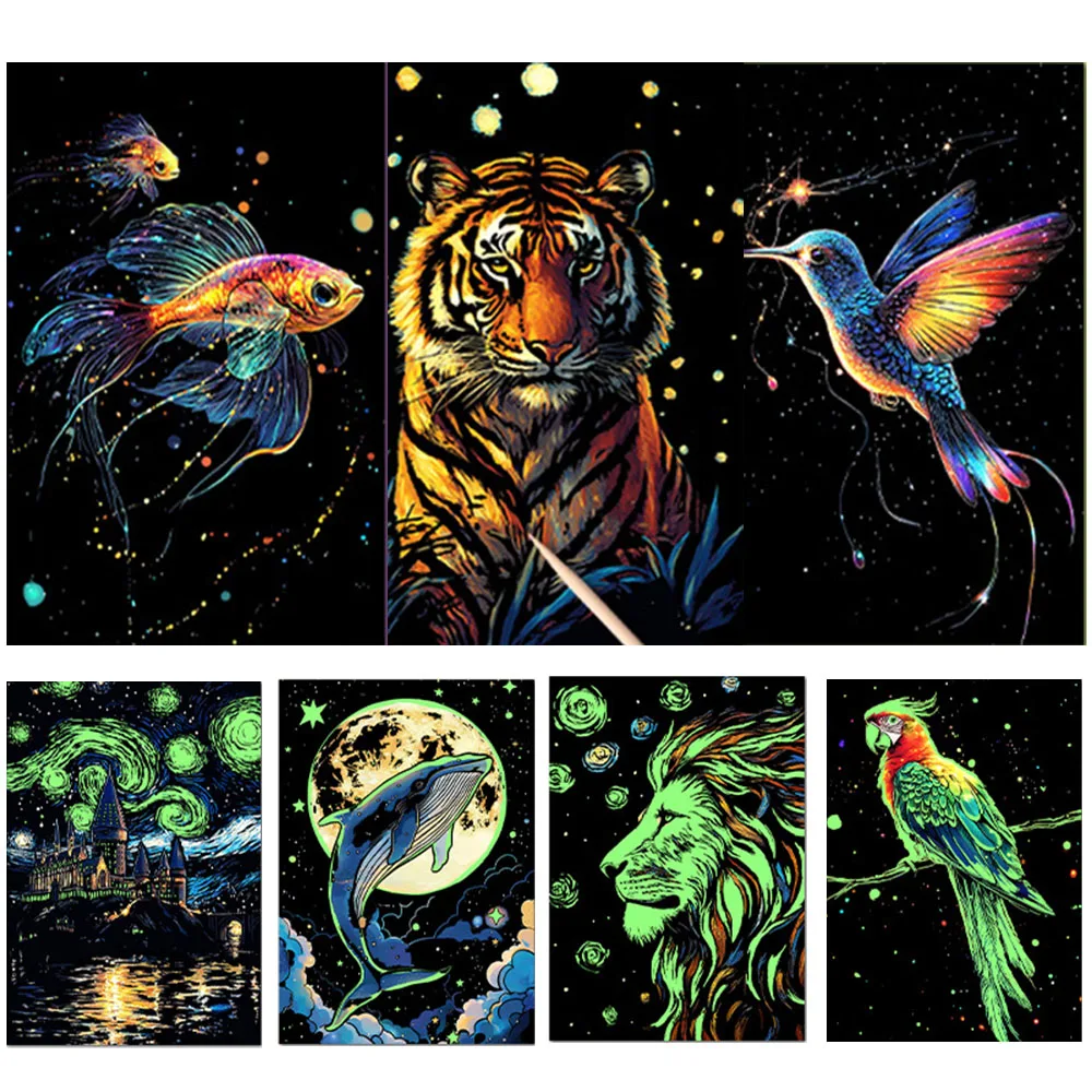 A5 Scratch Art Malpapier Glow Night View Deer Lion Manuelles Zeichnen für Kinder Anfänger Familienfeier Aktivität Bastelbedarf
