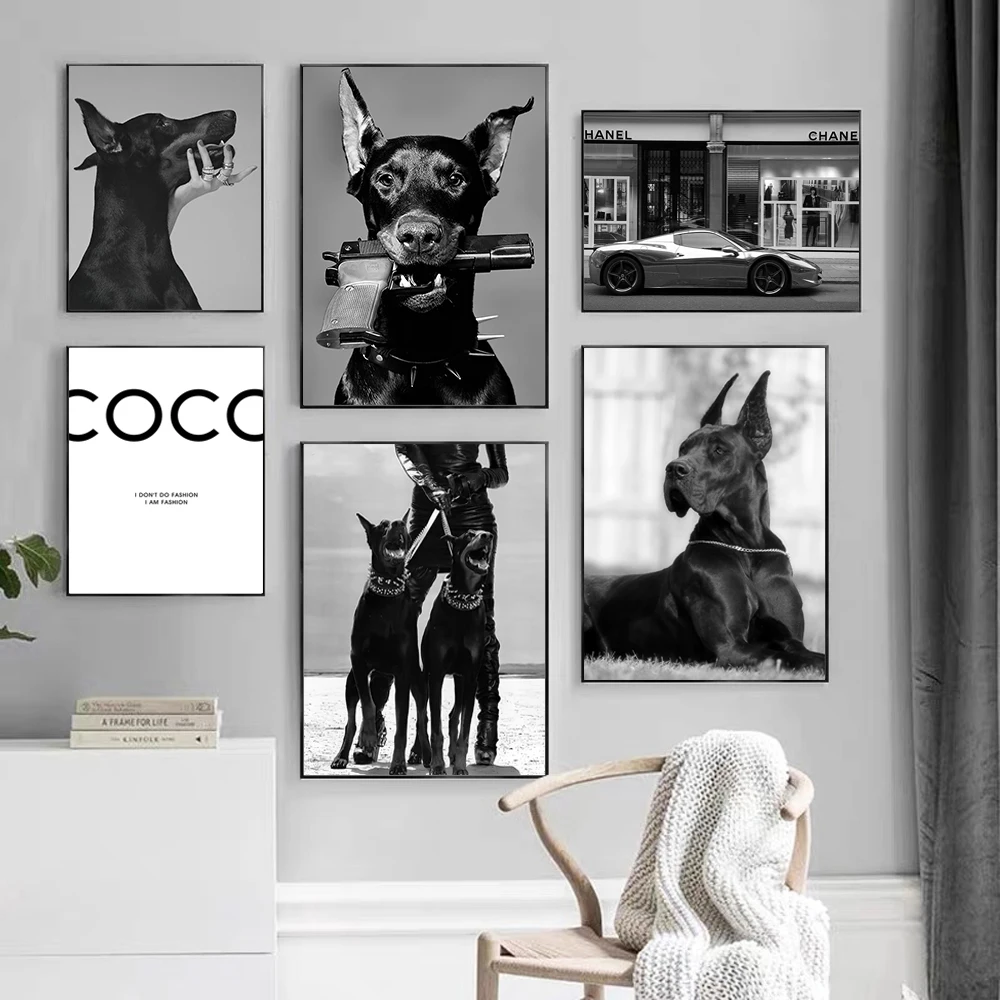 Black White Doberman Pinscher Gun Wall Decoration Poster Modern Highend Home Decor Canvas Painting Art Prints Living Room Murals