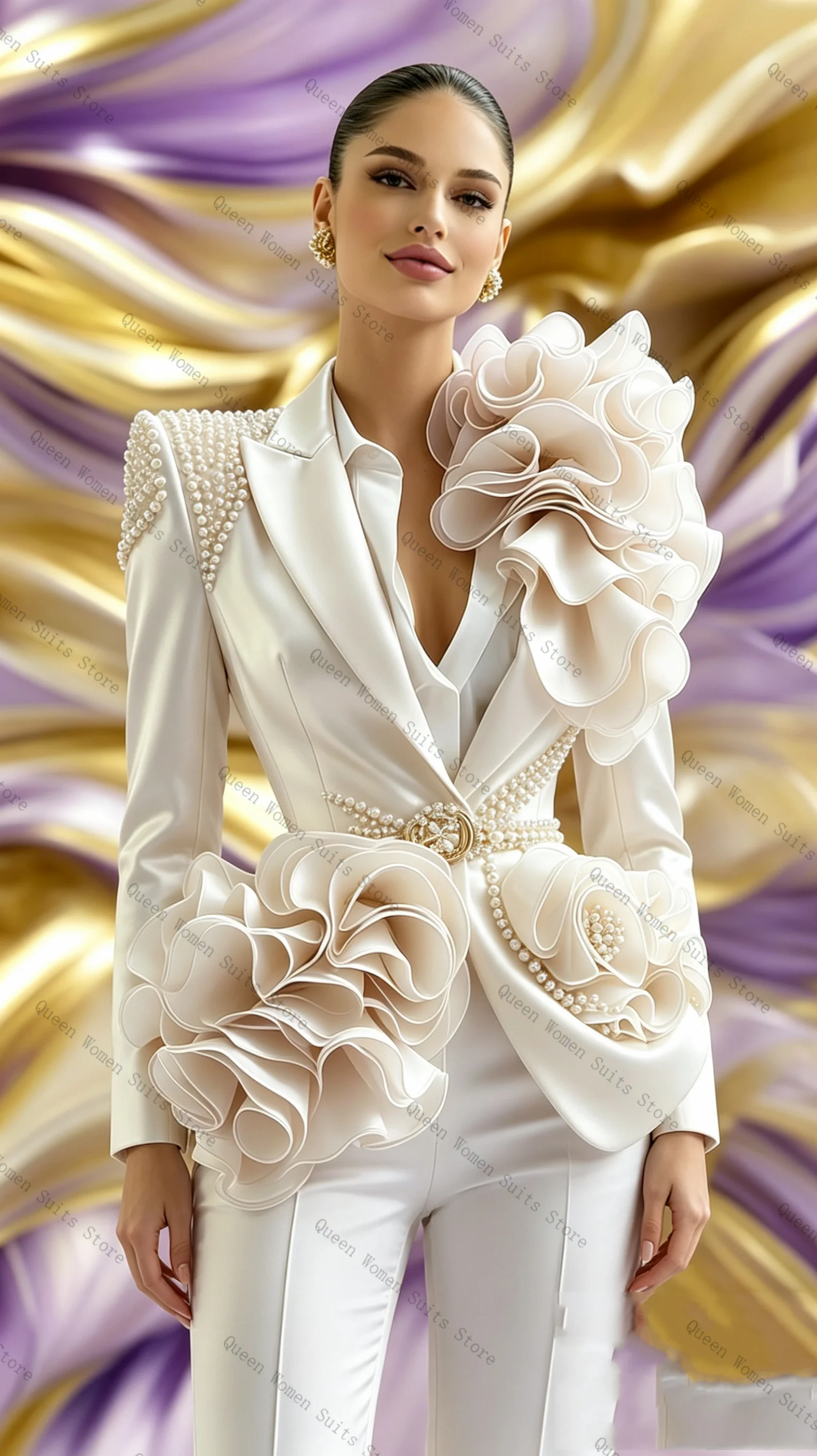 Luxury Pearls Women Suit Set 2 Pcs Blazer+Pants Trousers 3D Flower Spring Formal Office Lady Jacket Wedding Coat Customized