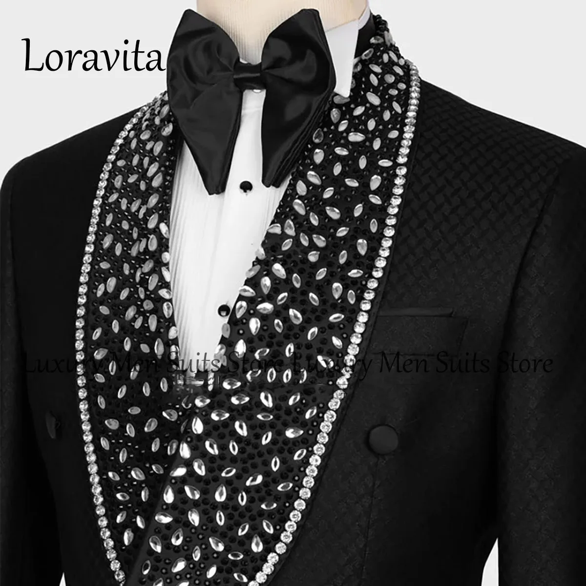 Customized Black Crystal Wedding Suits For Men Shawl Lapel Belt 2 Pieces Sets Full Diamond Groom Tuxedos Slim Fit Formal Tuxedos